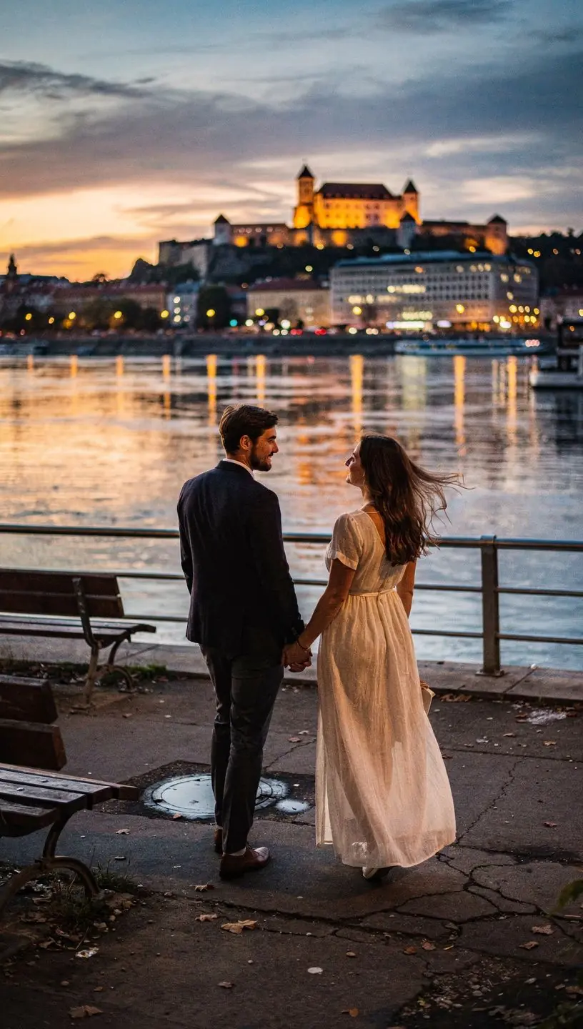 A serene walk along the Danube River with lush greenery and views of the city skyline in the background.