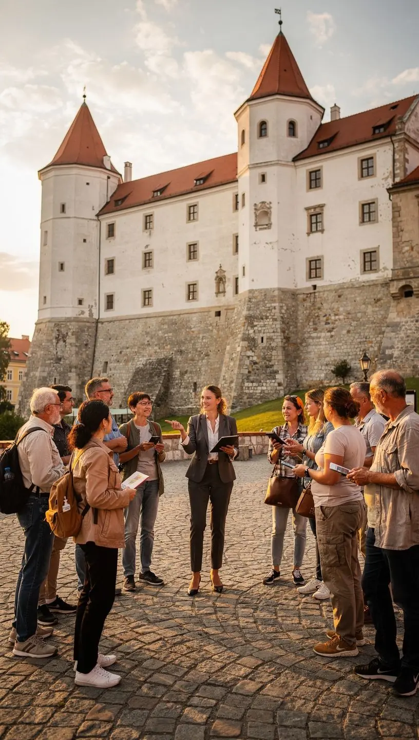 A panoramic view of Bratislava's historic center showcasing colorful buildings and cobblestone streets.